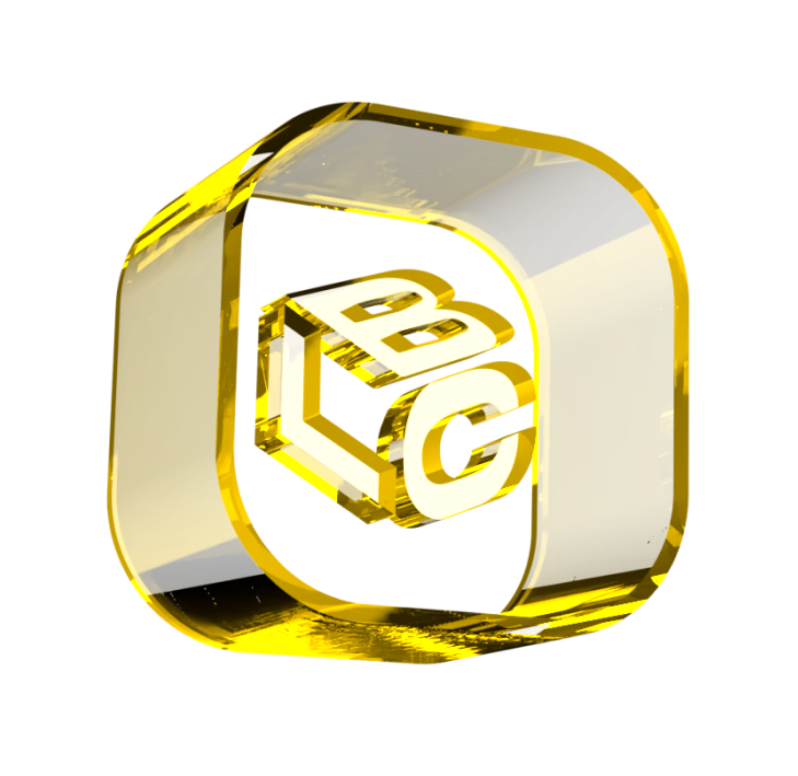 Logo 3D dourado do LCbank com as letras L, B e C